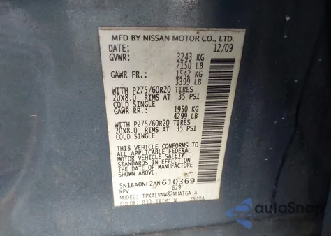 2010 Nissan Armada Platinum из США, поврежденный, VIN 5N1BA0NF2AN610369